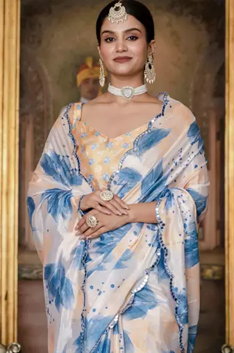 Off white stylish ready to wear chinon partywear saree