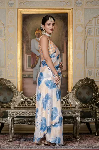 Off white stylish ready to wear chinon partywear saree