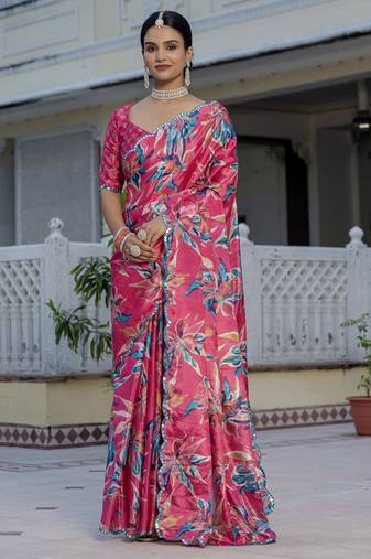 Pink color stylish ready to wear chinon fabric partywear saree