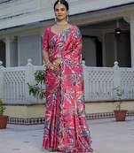 Pink color stylish ready to wear chinon fabric partywear saree