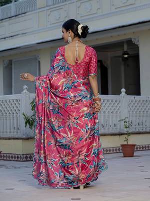 Pink stylish ready to wear chinon partywear saree 3