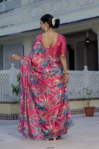 Pink stylish ready to wear chinon partywear saree