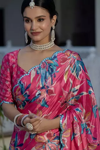 Pink stylish ready to wear chinon partywear saree