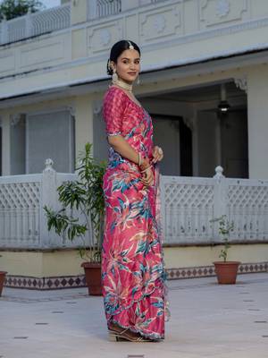 Pink stylish ready to wear chinon partywear saree 5