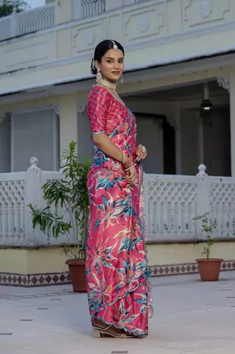 Pink stylish ready to wear chinon partywear saree