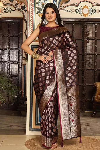 maroon color silk blend blend woven designer ethnic partywear saree