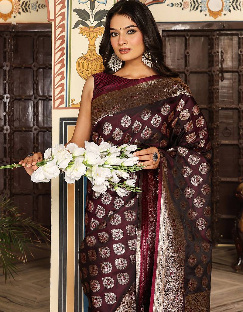 maroon color silk blend blend woven designer ethnic partywear saree