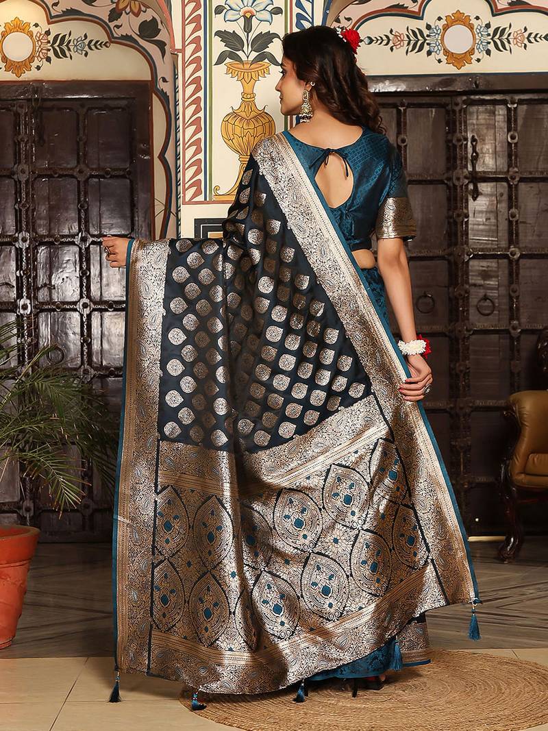 teal color silk blend blend woven designer ethnic partywear saree