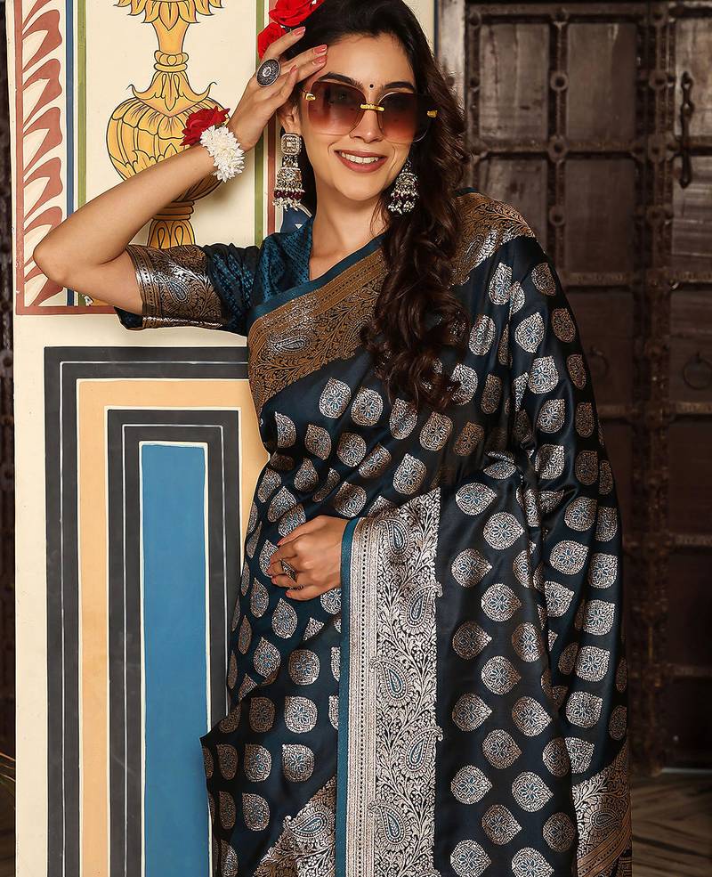 teal color silk blend blend woven designer ethnic partywear saree