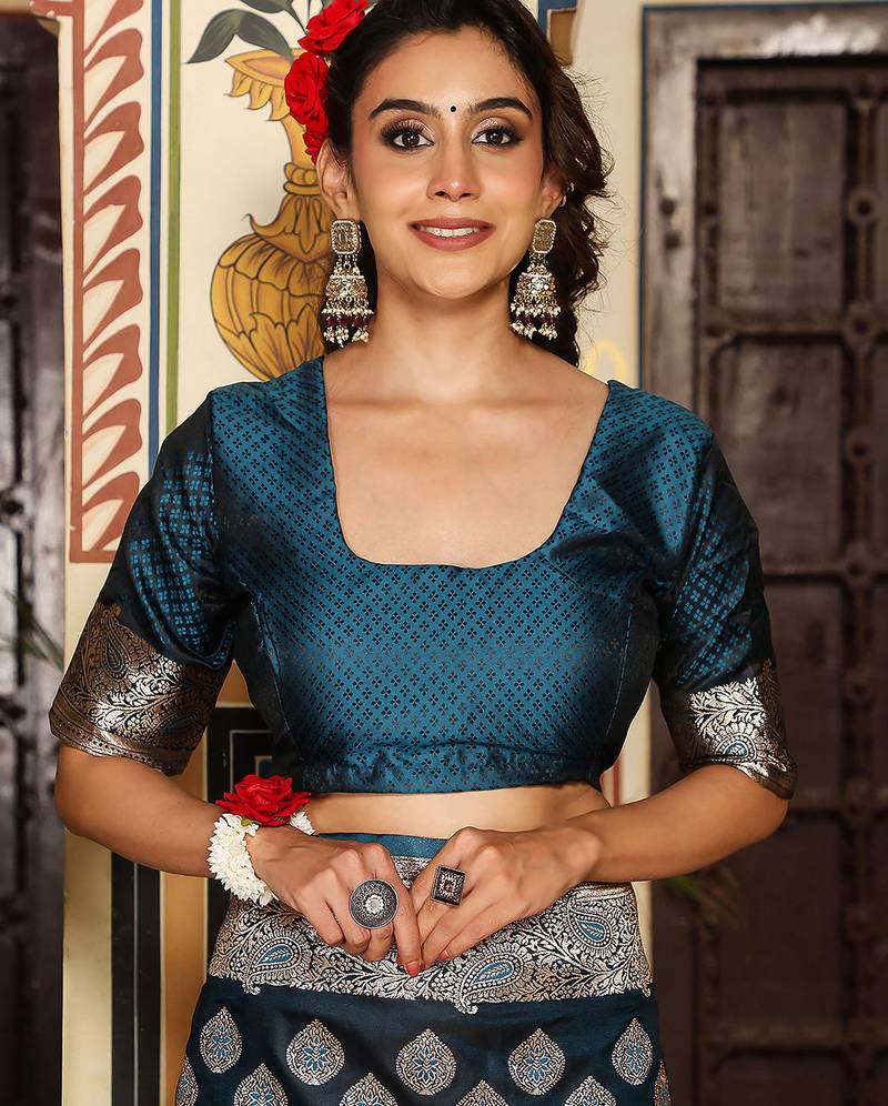 teal color silk blend blend woven designer ethnic partywear saree
