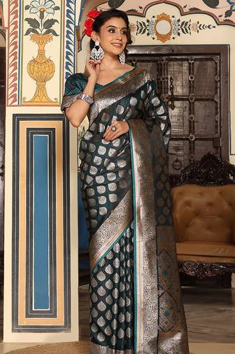 bottle green color silk blend blend woven designer ethnic partywear saree