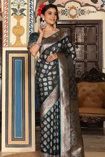 bottle green color silk blend blend woven designer ethnic partywear saree