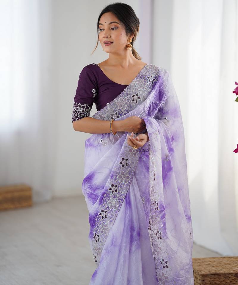 Lavender color fendy fabric stylish girlie saree