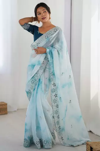 Sky blue color fendy fabric stylish girlie saree