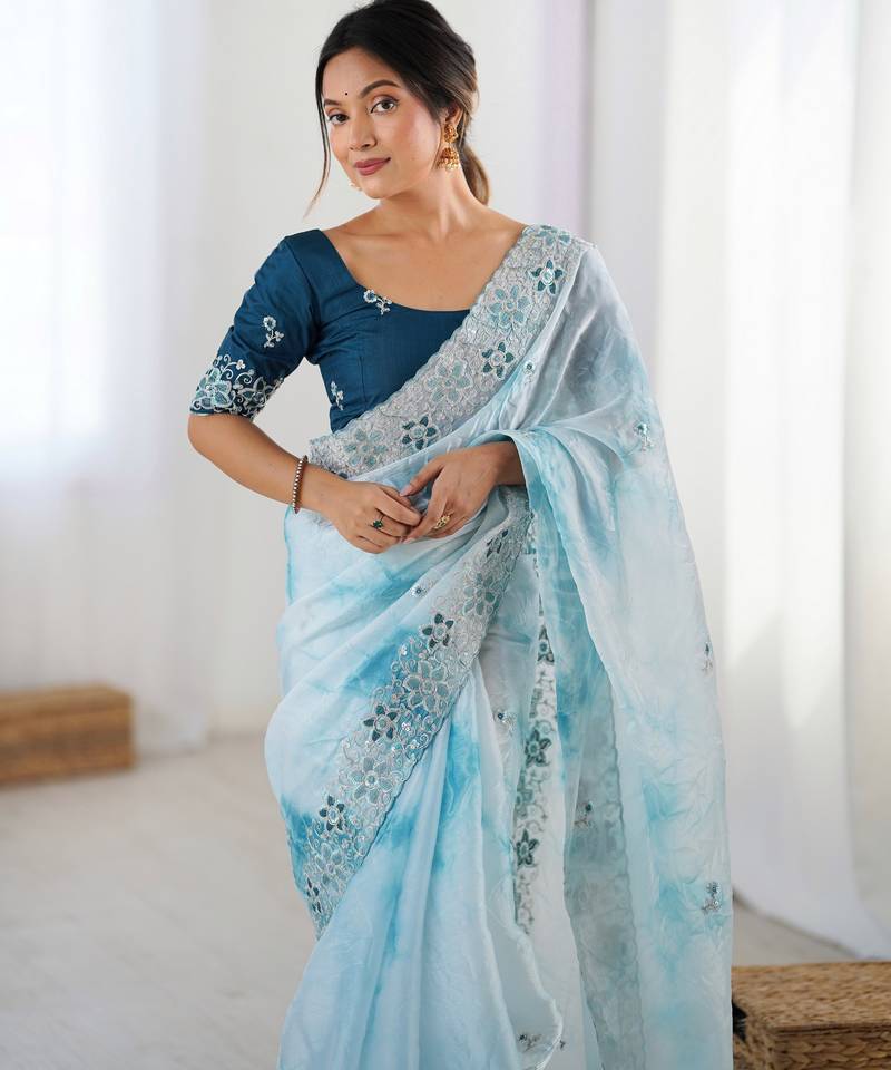 Sky blue color fendy fabric stylish girlie saree
