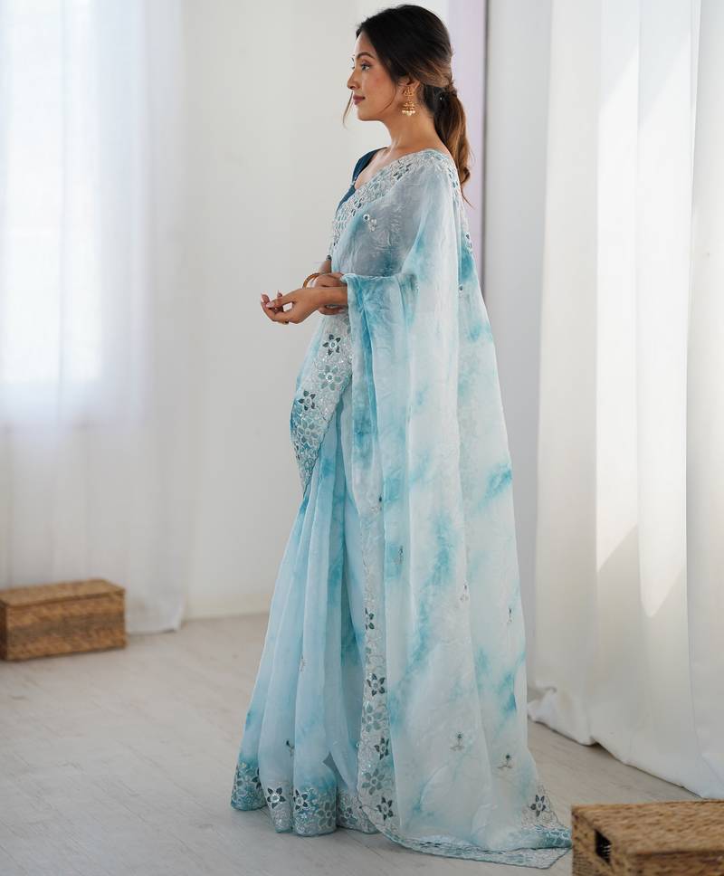 Sky blue color fendy fabric stylish girlie saree
