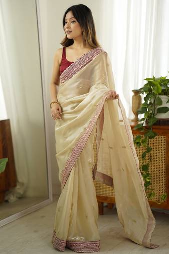Beige color jimmy choo fabric stylish girlie saree