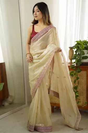 Beige color jimmy choo fabric stylish girlie saree