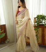 Beige color jimmy choo fabric stylish girlie saree