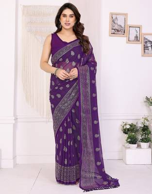 Purple georgette foil printed ceremonial saree 1