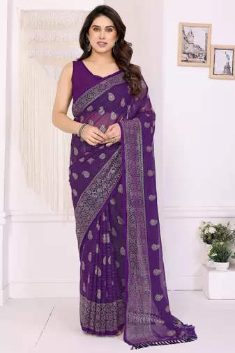 Purple color georgette fabric designer foil printed ceremonial saree