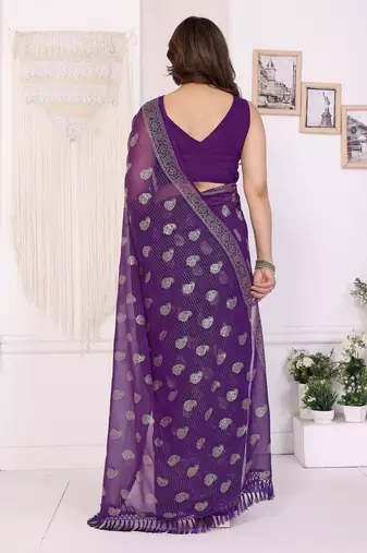 Purple georgette foil printed ceremonial saree