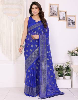 Royal blue georgette foil printed ceremonial saree 1
