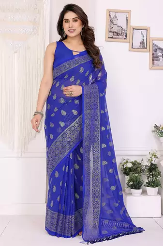 Royal blue color georgette fabric designer foil printed ceremonial saree