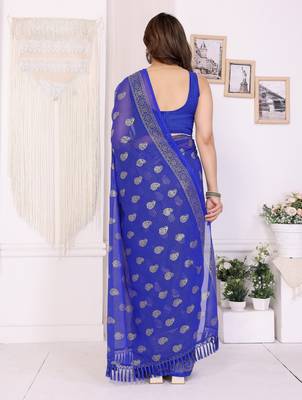 Royal blue georgette foil printed ceremonial saree 3