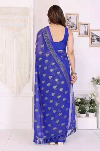 Royal blue georgette foil printed ceremonial saree