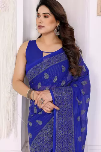 Royal blue georgette foil printed ceremonial saree