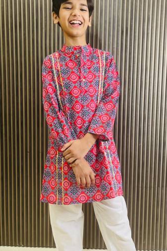 Cotton block print kurta pyjama set for boys