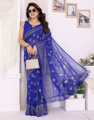 Royal blue georgette foil printed ceremonial saree 5
