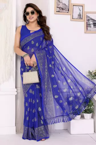 Royal blue georgette foil printed ceremonial saree