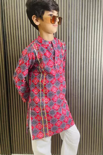 Cotton block print kurta pyjama set for boys