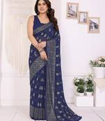 Blue color georgette fabric foil printed ceremonial saree