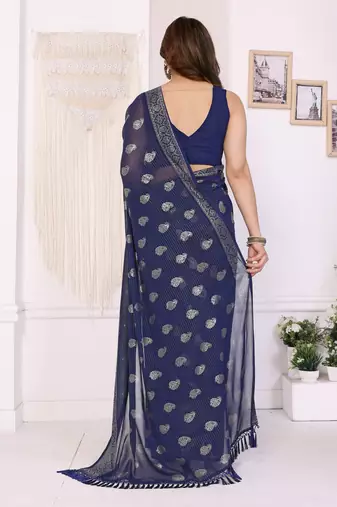 Blue georgette foil printed ceremonial saree