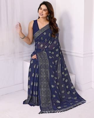 Blue georgette foil printed ceremonial saree 5