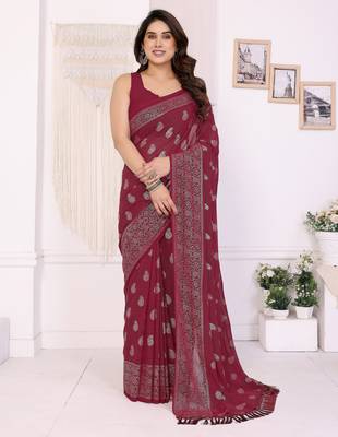 Maroon georgette foil printed ceremonial saree 1