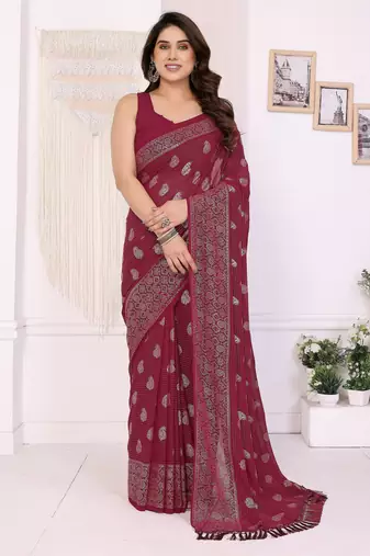 Maroon color georgette fabric designer foil printed ceremonial saree