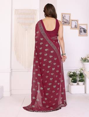Maroon georgette foil printed ceremonial saree 3