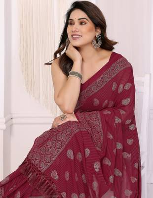 Maroon georgette foil printed ceremonial saree 4