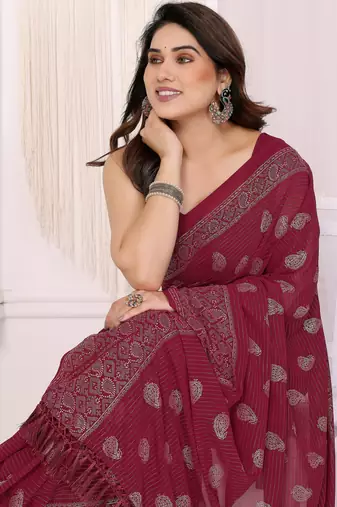 Maroon georgette foil printed ceremonial saree