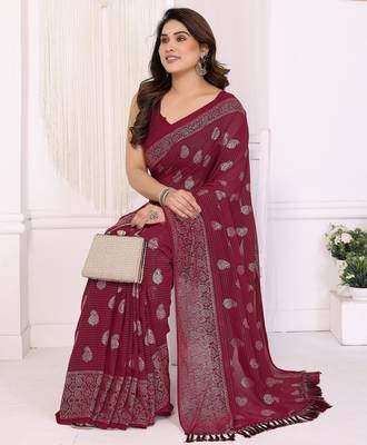 Maroon georgette foil printed ceremonial saree 5