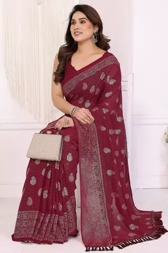 Maroon georgette foil printed ceremonial saree