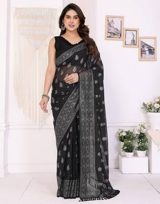 Black georgette foil printed ceremonial saree 1
