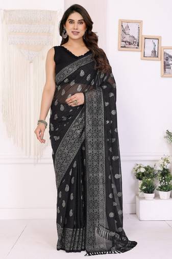 Black color georgette fabric designer foil printed ceremonial saree