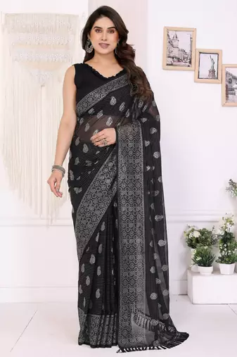 Black color georgette fabric designer foil printed ceremonial saree