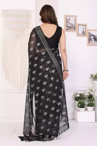 Black georgette foil printed ceremonial saree