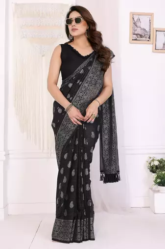 Black georgette foil printed ceremonial saree